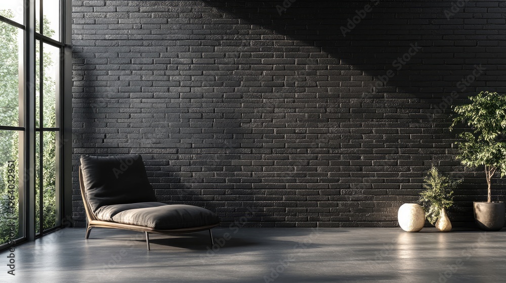 Poster a modern black brick wall with uniform rectangular tiles, creating a minimalistic and sleek industri