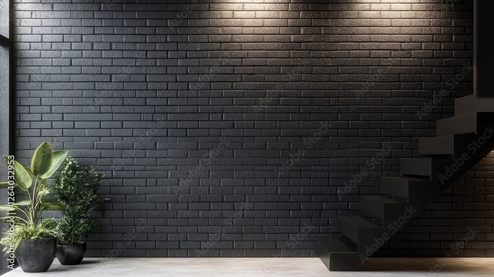Poster a modern black brick wall with uniform rectangular tiles, creating a minimalistic and sleek industri
