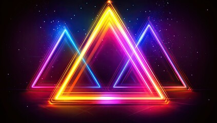 Neon triangles, vibrant colors, dark background, digital design