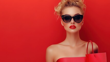 Fototapeta premium a stunning blonde woman wearing sunglasses and red lipstick, holding a red shopping bag. She's posing confidently against a vibrant red backdrop, radiating style and glamour