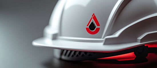 Fototapeta premium Close-up of a white safety helmet with a red logo on a dark background, emphasizing safety