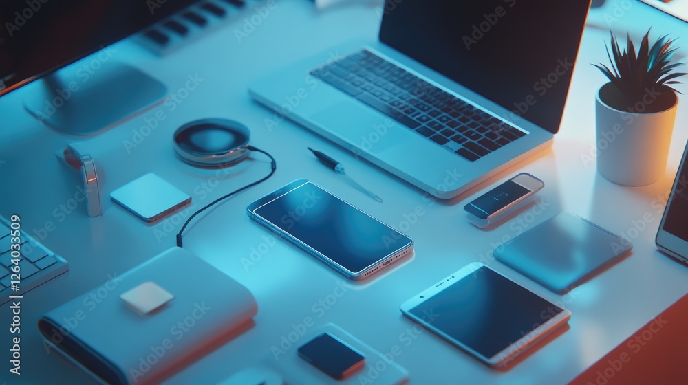 Poster A modern scene of multiple tech devices linked together by a mobile phone, illustrating the convenience and efficiency of technology in today world.