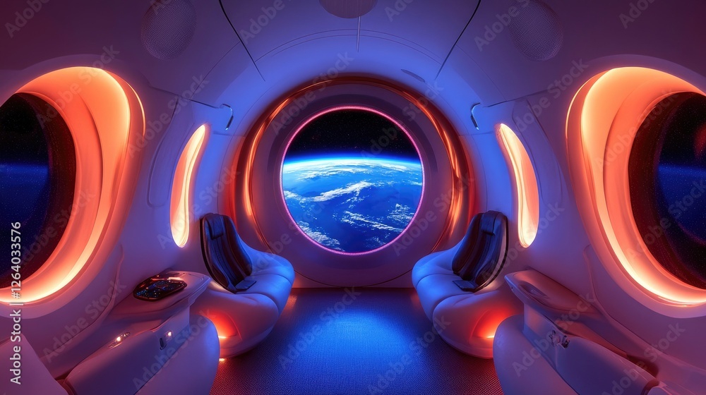 Aufkleber a modern white spaceship interior illuminated with blue and red lights, offering an incredible 3d vi