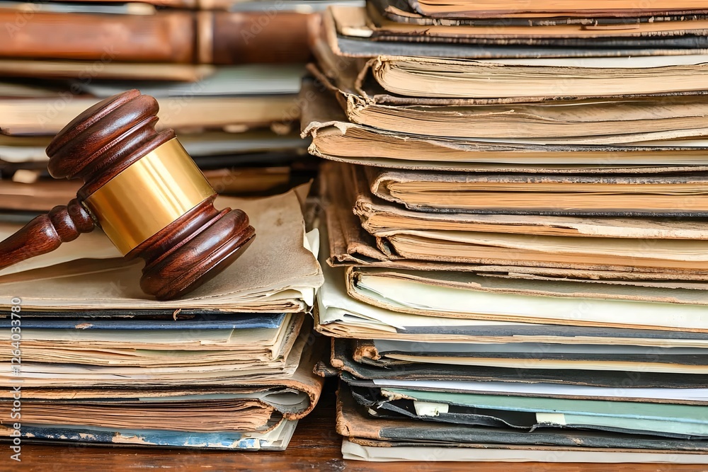 Poster a judge reviewing court documents with a wooden gavel and law books subtly visible in the frame