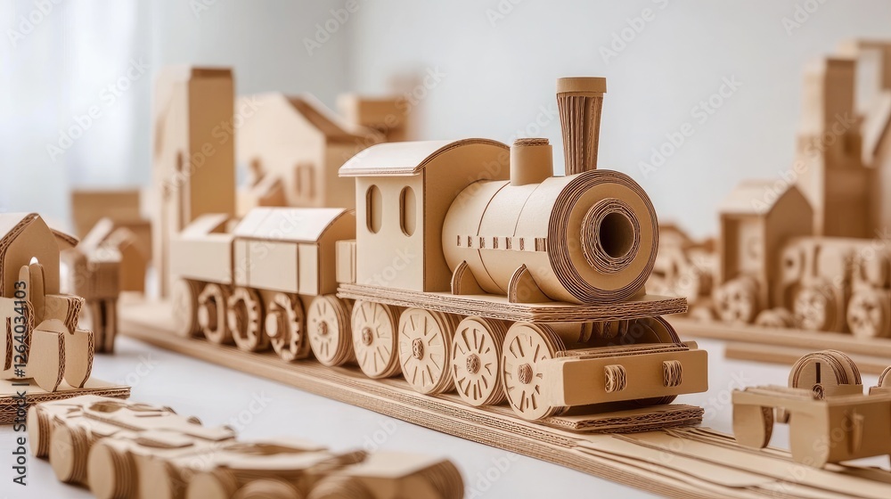 Poster a playful and environmentally conscious children's toy made from repurposed cardboard, designed to s