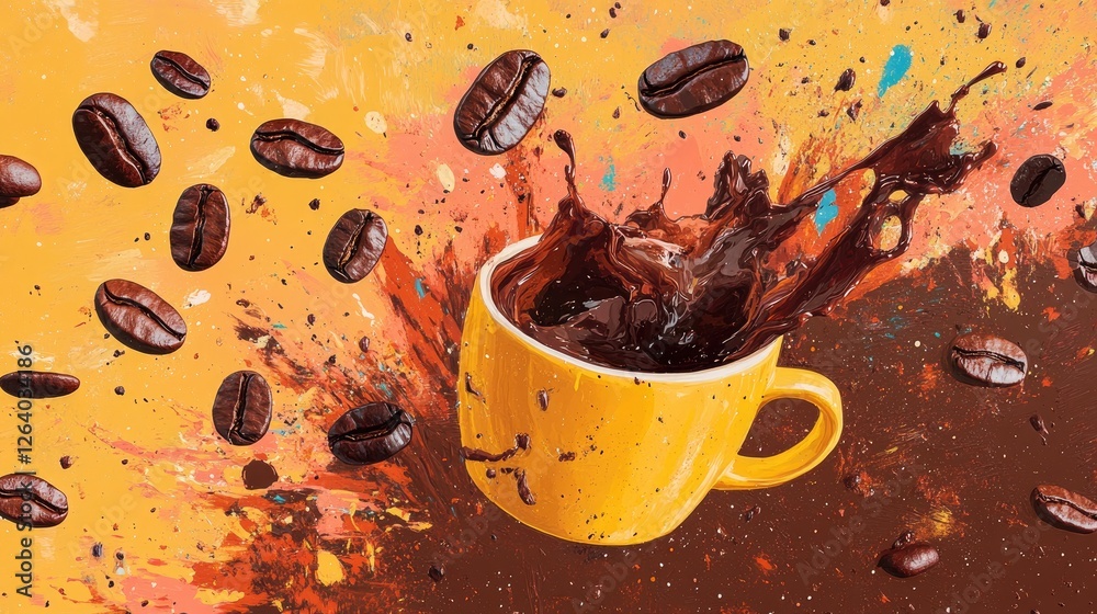 Poster a playful scene of floating coffee beans with dark coffee splashes from a bright yellow mug, set aga