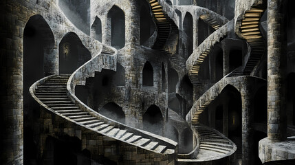 A surreal architectural design featuring twisted staircases and towers, evoking creativity and imagination in a dark backdrop. Architectural Paradoxes. Illustration