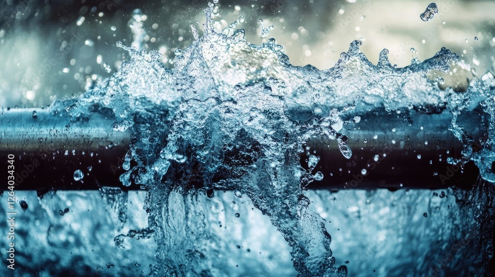 Poster a powerful image of a metallic pipe discharging water forcefully, with dramatic splashes illustratin