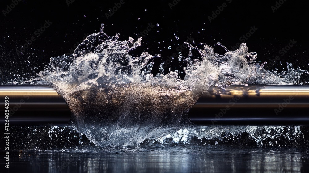 Poster a powerful image of a metallic pipe discharging water forcefully, with dramatic splashes illustratin