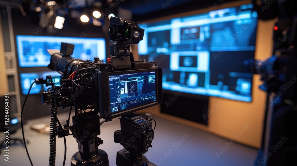 Poster a professional news broadcast studio with sleek, modern design, advanced cameras, and high-definitio