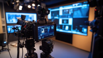 A professional news broadcast studio with sleek, modern design, advanced cameras, and high-definition screens, emphasizing a clean, tech-forward broadcast setup.