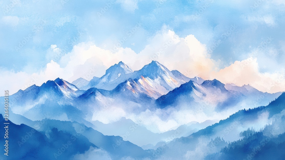 Poster Majestic mountains rise against a serene blue sky with soft clouds at dawn in a tranquil landscape setting. Generative AI