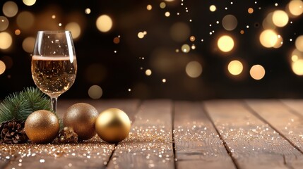 Luminous golden background with a dazzling bokeh effect and sparkling Christmas ornaments creating a festive elegant and luxurious atmosphere for holiday and parties