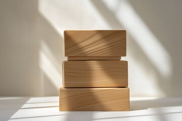 Three empty smooth wooden blocks stacked vertically with sunlight and shadows background for banner, poster, wallpaper and backdrop design