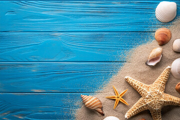 Beach scene concept travel summer backgrounds. Royalty high-quality free best stock of starfish, sea shells, sand on blue wooden background, copy space empty for design banner, poster, backdrop