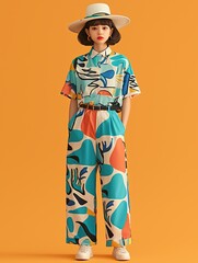 Woman in colorful outfit, studio shot, orange backdrop, fashion pose