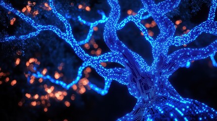 A neon-glowing tree design on a circuit board, with electric patterns illuminating the dark, digital landscape.