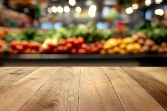 Empty wooden table with blurred supermarket fresh produce section background and copy space for poster, banner, wallpaper and backdrop design