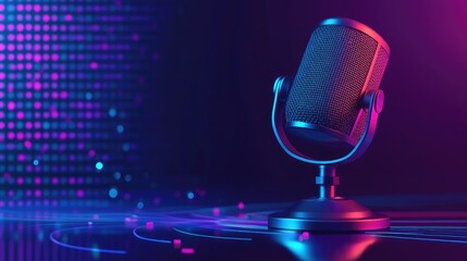 A sleek microphone with a vibrant waveform graphic in the background, designed for broadcasting or podcasting, with a clean blue theme.