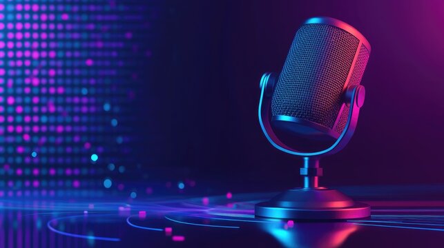 A sleek microphone with a vibrant waveform graphic in the background, designed for broadcasting or podcasting, with a clean blue theme.