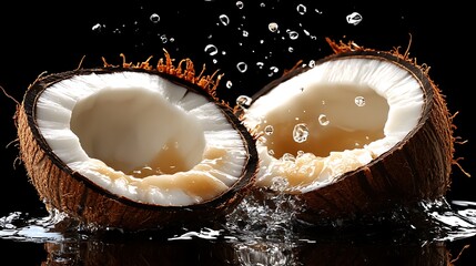 Split Coconut in Water Against Black Background – Dramatic Food Photography

