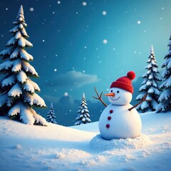 winter wonderland landscape with snowman at center, snowman, snowflakes, peaceful landscape