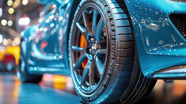 Blue sports car tire close-up at auto show