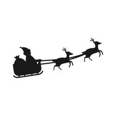 Silhouette of santa flying on sleigh with reindeer on white background.