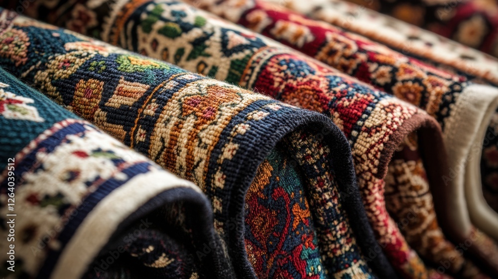 Fototapete richly textured close up of vibrant patterned fabrics with intricate floral and geometric designs su