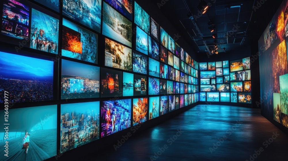 Poster A stunning video and image wall of TV screens, creating an immersive multimedia experience with vibrant visual content on display.