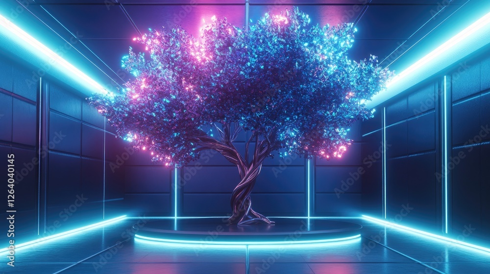 Poster a surreal 3d abstract metallic tree with glowing leaves stands in a minimalistic room, featuring fut