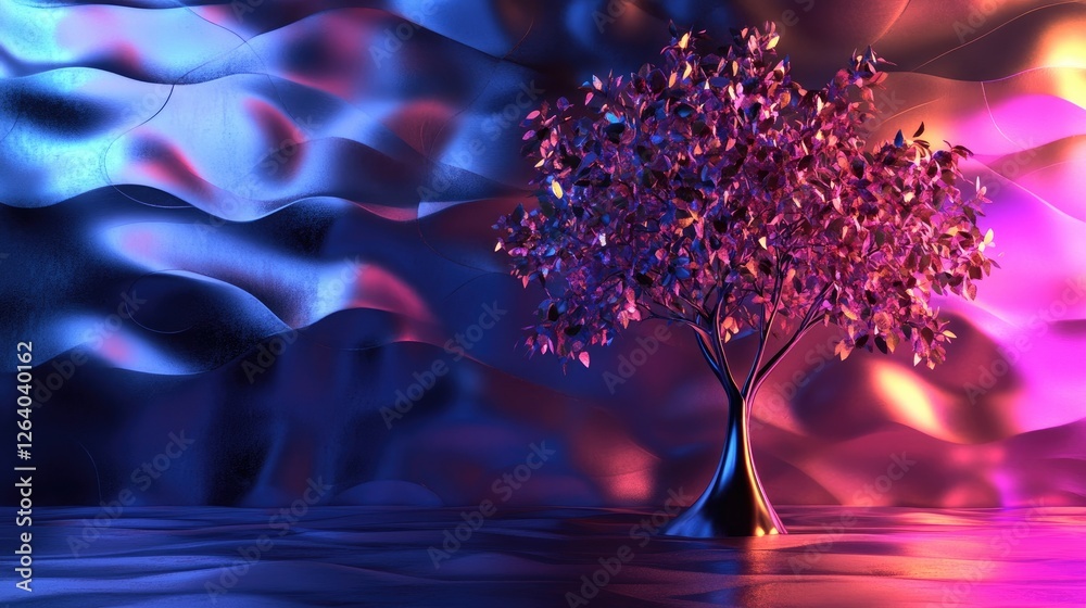 Poster a surreal 3d abstract metallic tree with glowing leaves stands in a minimalistic room, featuring fut