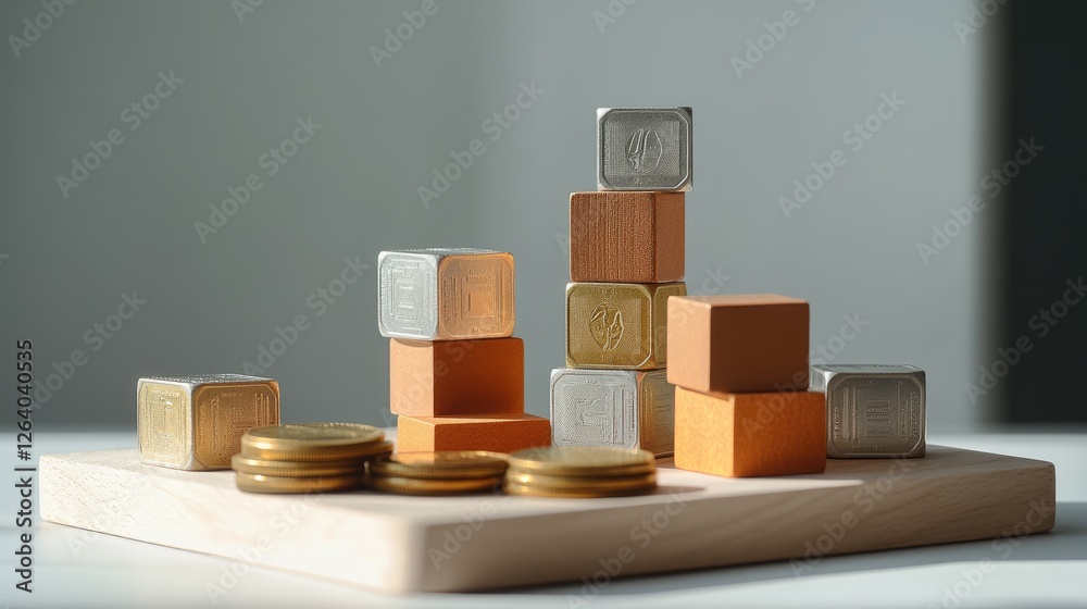 Poster a thoughtful representation of tax planning for 2025, with a neat stack of coins and tax blocks high