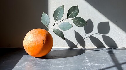 Single Orange with Leafy Branch Casting Shadow on Wall – Vibrant Food Photography

