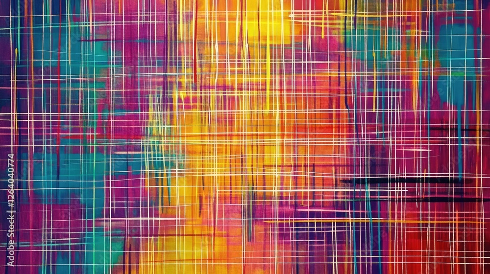 Poster a vibrant abstract grid painting with uneven, rough brushstrokes creating an organic, spontaneous ar