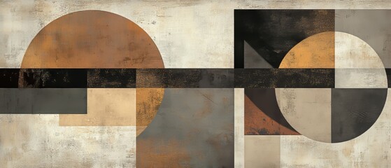 A modern abstract design showcasing bold geometric shapes in earthy hues of beige, brown, and gray, set against a textured backdrop for a sophisticated and artistic aesthetic.