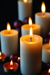 candles are lit and surrounded by apples on a table