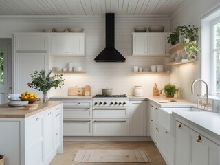 Fototapeta premium Bright White Kitchen With Island And Farmhouse Style Decor