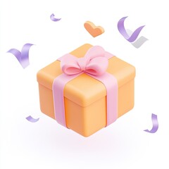 3D Gift Box with Confetti, Isolated on White