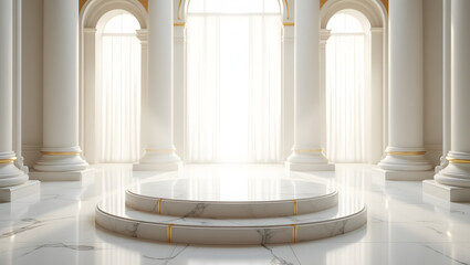 Elegant marble stage with columns and bright light, offering a classic and sophisticated presentation space.