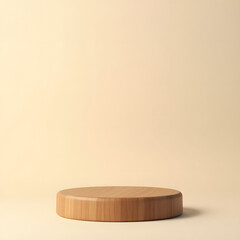 Neutral beige background with minimalist wooden platform for product placement or artistic display