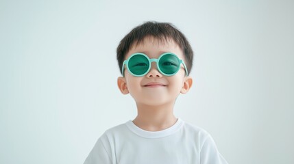 Young child wearing green sunglasses and smiling in a bright indoor setting during daytime.