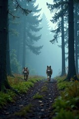 Fototapeta premium Wolf pack roaming in the forest with tall trees and misty atmosphere, forest, nature, fog