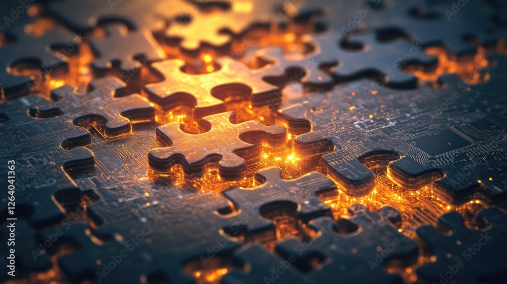 Poster Abstract digital artwork of interconnected puzzle pieces within a glowing circuit board, symbolizing pathways and connections with bright emanating light.