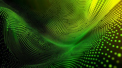 3D Dynamic Wave Background with Green Dots – Futuristic Flow, Technology Innovation, Digital Sound, Data Visualization, Abstract Business Design, and Music Texture Illustration