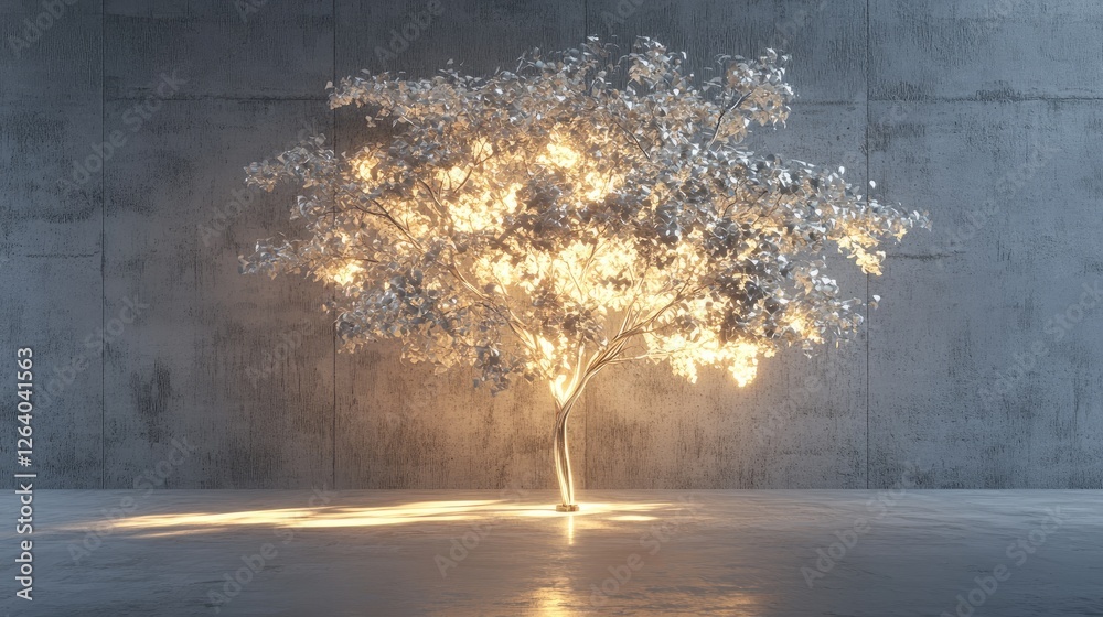 Poster An abstract metallic tree with glowing leaves grows in a minimalistic room, with unique textures, creating a futuristic 3D nature concept
