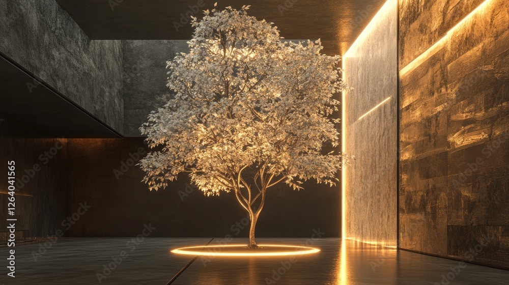 Poster An abstract metallic tree with glowing leaves grows in a minimalistic room, with unique textures, creating a futuristic 3D nature concept