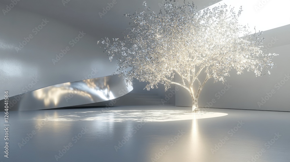 Poster an abstract metallic tree with glowing leaves in a minimalist room, featuring futuristic 3d textures
