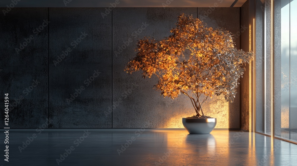 Poster an abstract metallic tree with glowing leaves in a minimalist room, featuring futuristic 3d textures