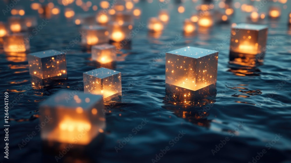 Poster An intricate maze of glowing floating cubes above a reflective ocean, blending surreal fantasy with geometric design in a 3D environment.